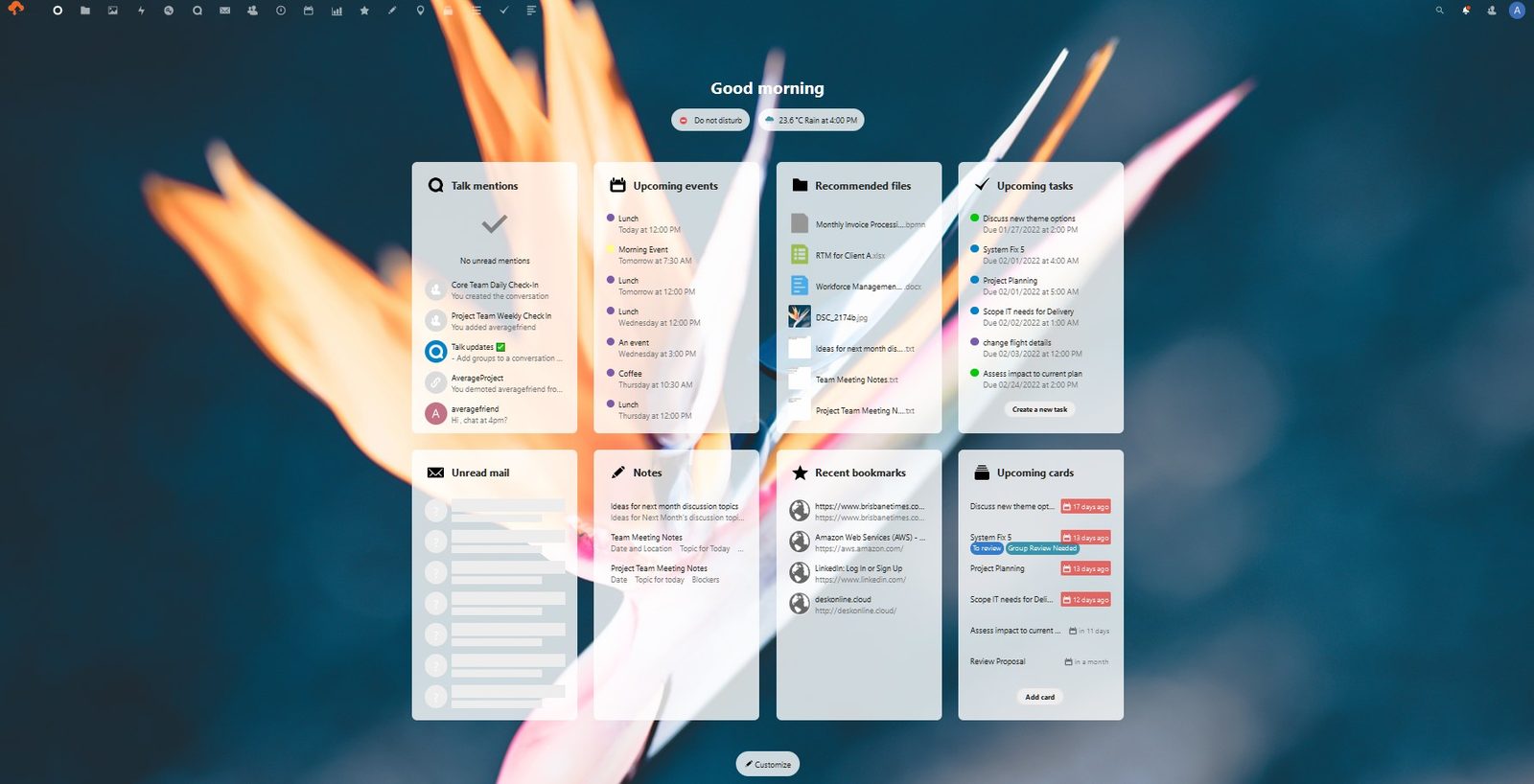 The deskonline.cloud dashboard showing Talk mentions, upcoming events, recommended files, tasks, mail, notes, bookmarks and Deck cards