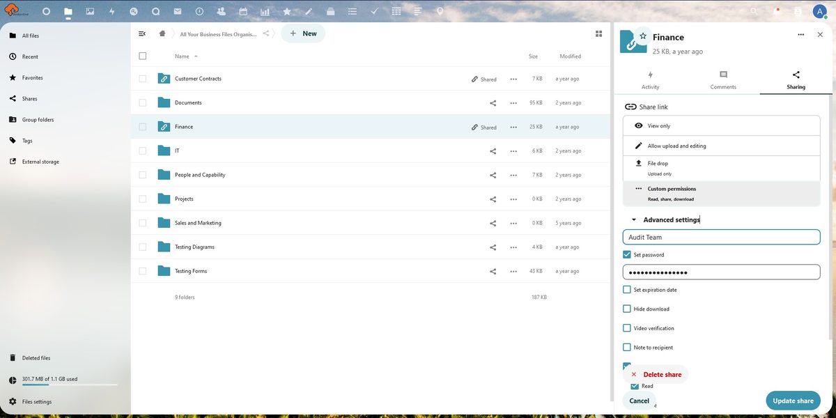 Files app with the sharing panel open